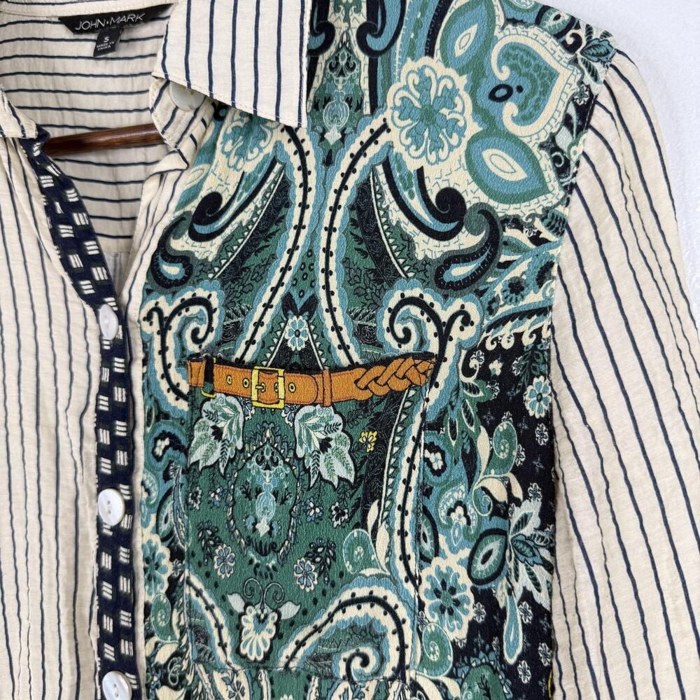 John Mark Top Equestrian Small Paisley Art Stripe Button Tunic Shirt Old Money